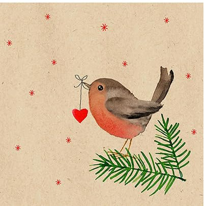 20 kleine Cocktail-Servietten aus Recycling-Papier Weihnachten Vogel mit Herz an Zweige als Tischdeko. Papierservietten mit Motiv. Auch für Decoupage und Serviettentechnik 25x25cm