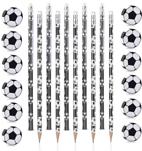 JOYSKY 14 Stück Fußball Bleistifte+10 Stück Fußball Radiergummi Süße Neuheit Fußball Partytütenfüller Bleistifte mit Radiergummi Kinder Fußball Mitgebsel Bleistifte Mitgebsel Fußball Kindergeburtstag