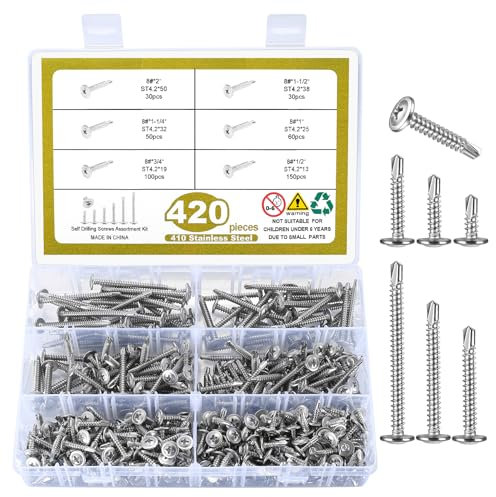 Set di 420 Viti Autofilettanti in Acciaio Inox, Assortimento Viti Autoforanti, Viti Testa Svasata per Metallo, Legno - 4,2mm x 13/19/25/32/38/50 mm