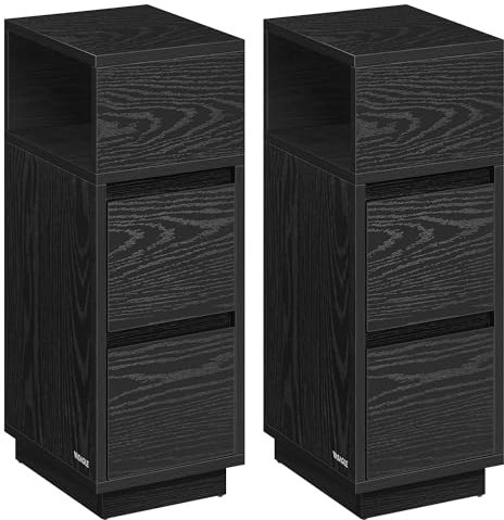 VASAGLE Nachttisch 2er Set, schmal, Beistelltisch mit 2 Schubladen, offenes Fach nach Links oder rechts flexibel montierbar, für Schlafzimmer, Wohnzimmer, ebenholzschwarz LET856B56