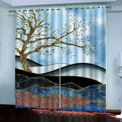 MELABE Goldene Blätter Vorhang Blickdicht, Abstrakte Geometrie Thermo Gardinen mit Ösen, Verdunklungsvorhang Ösenschal für Wohnzimmer Kinderzimmer Schlafzimmer 2 x 150B x 270H cm