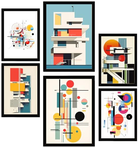 Nacnic 6er-Set Bauhaus Dekonstruierte Architektur Gerahmtes Poster mit Design-Illustrationen zur Dekoration der Wände Ihres Zuhause Zimmer Büro Laden Malerei im A3 & A4 Schwarzer Rahmen