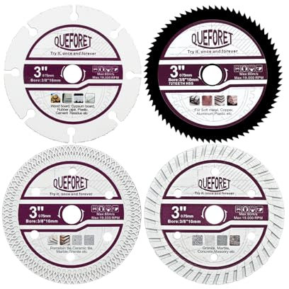 QUEFORET Trennscheiben 75mm 4 Stücke - Hartmetall Scheibe für Holz, HSS Sägeblatt für Metall, Diamant Scheibe für Fliesen, Diamant Scheibe für Beton, 10mm Bohrungsdurchmesser