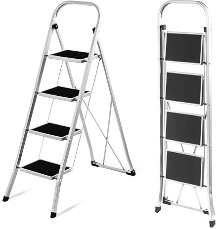 Daniks Stehleiter 4 Stufen Klappbar | Trittleiter aus Metall | Klappleiter bis 150 kg | Klapptritt Tritthocker | Leiter mit Handlauf & Rutschfester Plattform, Haushaltsleiter für Zuhause Büro