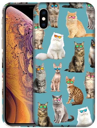 GlamCase for iPhone X/XS, iPhone X/XS Case - Cat Pattern With Sunglasses Teal Design Printed Slim Fit Cute Plastic Hard Protective Designer Back Phone Case/Cover for iPhone X/XS.