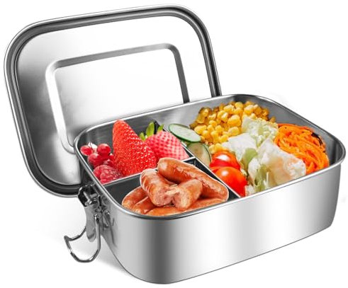 HOSPAOP Edelstahl Brotdose mit Fächern, 1000ml Lunchbox Metall Vesperdose Auslaufsicher mit 3 Fächern, Bento Box Jausenbox Brotbox für Kinder Erwachsene