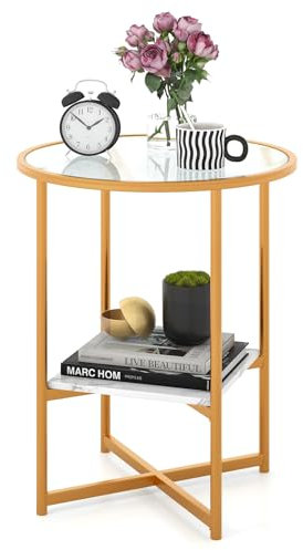GYMAX Beistelltisch rund, Kleiner Couchtisch mit Glasplatte & Ablage, Nachttisch mit Metallgestell, Glastisch aus Hartglas, Goldener Sofatisch für Wohnzimmer & Schlafzimmer, 50 x 50 x 60 cm