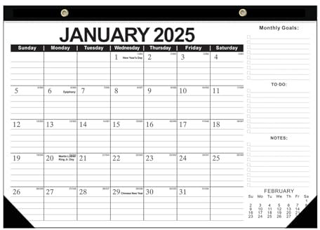 Calendrier de bureau 2025-2026, calendrier mensuel janvier 2025 à juin 2026, 18 mois Calendrier mural Épais planificateur de calendrier papier avec vacances, notes, objectifs mensuels & Liste de todo