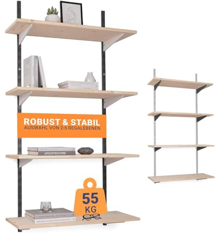 BOOMET Wandregal Metall mit Boden · Regal in 50 Varianten · Höhe: 100 cm · 4 Ebenen in 80 x 20 cm (B x T) · Farbe: schwarz/weiß · Wandschienen Regalsystem · Regalträger Schienensystem