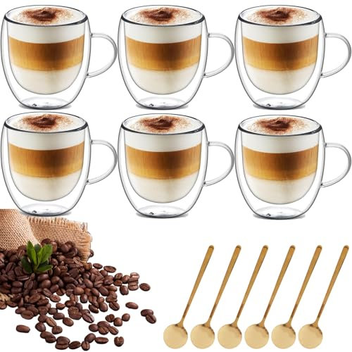 LOPYXBR Lot de 6 verres à latte macchiato à double paroi avec anse - Verres à cappuccino avec cuillère - Pour latte, thé, café, lait, bière - 250 ml
