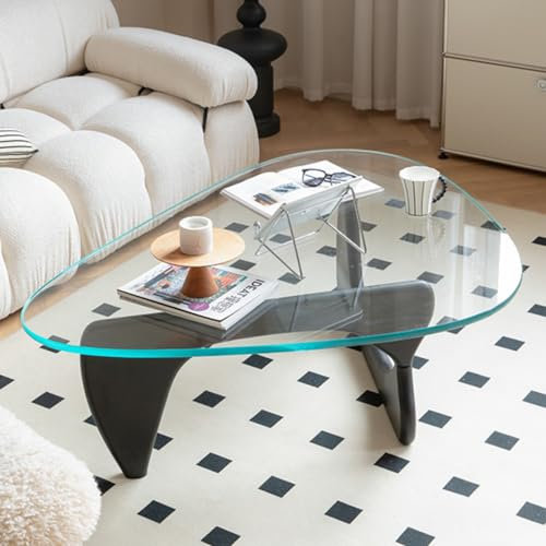 Noguchi Mesa de Centro Triangular de Cristal Negro - Diseño Moderno de Mediados de Siglo para Sala de Estar - Pequeña Mesa Ovalada de Madera