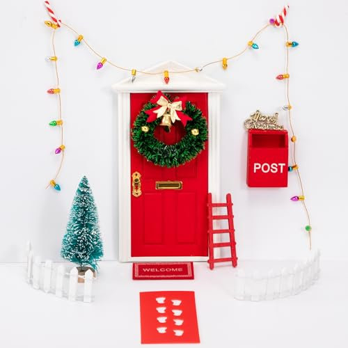 Heveer Set di Accessori per Porta Gnomo Natalizio Porta Elfo Natale Kit con Ghirlanda di Natale Cassette per Le Lettere Recinto Scala