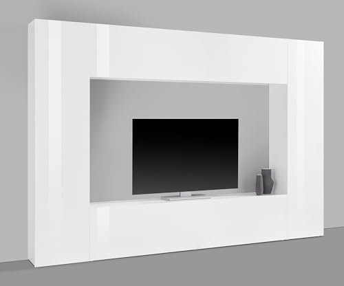möbelando Wohnwand >Benevent< (4-teilig) in Weiß Hochglanz - 260x180x30 (BxHxT)