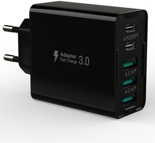 USB C Ladegerät, 5 Ports Schnellladen, 50W Netzteil Mehrfach, PD 3.0 Power Adapter für iPhone 15 14 13 12 11 SE 2020 XS XR 8 7, Samsung, Handys, Tablets (Schwarz)