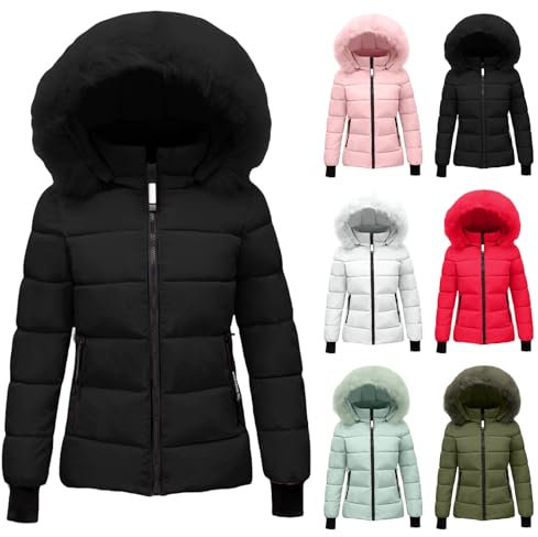 Generisch Damen Wintercoat Schwarz Pufferjacke mit Fellkapuze Large