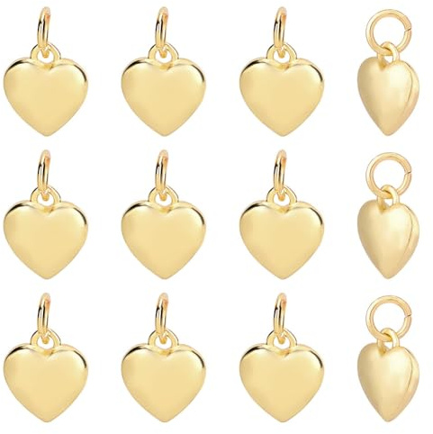 GOMAKERER 12 Stück Herzanhänger Aus Messing 18 Karat Vergoldet Mini Charms Mit Biegering 3D Liebesherz Anhänger Für Verlängerungsketten Halsketten Ohrringe Armbänder