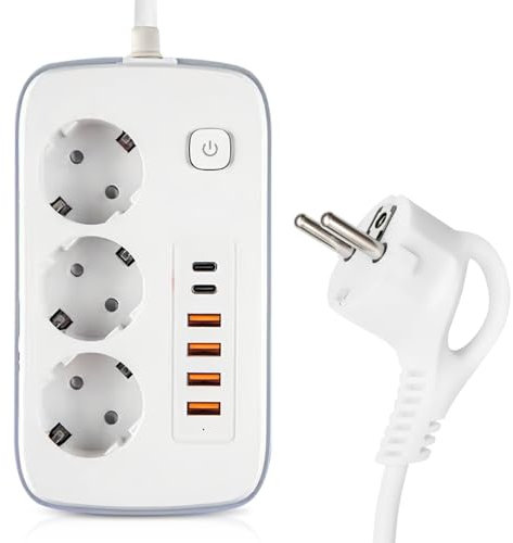 GOEDCH Multiprise avec USB C: 2 m Multiprise USB C avec Interrupteur, 3 Prises avec 2 Ports USB C et 4 USB, Prises Multiprises, Adaptateur de Prise pour Bureau, Voyage, Cuisine (PD 20 W)