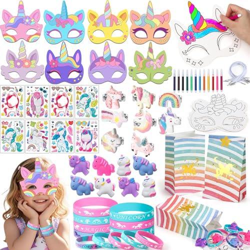 Toyssa Einhorn Give Aways Kindergeburtstag Gastgeschenke Masken zum Bemalen Kinder Mitgebsel Kindergeburtstag Silikonarmband Squishy Aufkleber Ring Pinata Geburtstag Kinder Mädchen