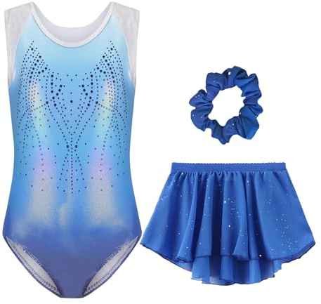 Happy Cherry Turnanzug Mädchen Ärmellos Gymnastikanzug mit Rock Haarband Set Kinder Glänzend Gymnastik Ballett Trikot Tanzkostüme 5-12 Jahre