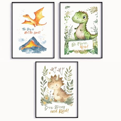 MJ-GRAPHICS® Poster Set Dinosaurier Kinderzimmer Motivation Affirmation Kinder Wandbilder FineArt Druck A4 Jungen Deko süße Dino Illustration T-Rex Triceratops Flugdinosaurier Kinder Deko ohne Rahmen