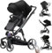 Magic ZC Elektrische Intelligent Kinderwagen, Buggy mit Umkehrbarem Zwei-Wege-Schub, Kinderwagen Faltbarem Tragbarem One-Click-Design, Kinderwagen Komplettset mit Zubehör Hohe Landschaft (WL8 Black)