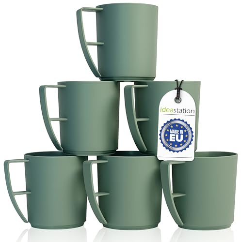 idea-station Plastik Camping-Tassen Set - 6 Stück - 350 ml - grün-grau | BPA-frei + Bruchfest + Mehrweg - Kaffeebecher aus Kunststoff - ideale Kaffee-Tasse mit Henkel für den Wohnwagen + unterwegs