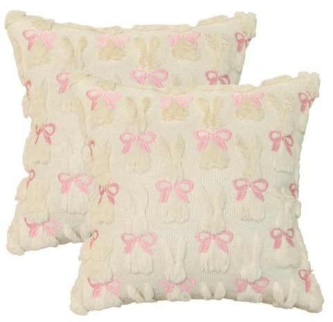 Artoid Mode Künstliche Pelz Beige Schleifen Hasen Ostern Kissenbezüge 2er Set, 45x45 cm Plüsch Samt Sofakissen Zierkissenbezug Schlafzimmer Deko