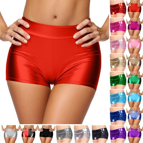 Glänzende Metallic Hotpants Damen Sexy Leder Shorts hoher Taille Eng Kurze Hose Wetlook Pole Dance Kostüm Karneval Party-Shorts Rave Nachtclub Tanz Sport Disco Festivals Outfit Glitzer Lackledershorts