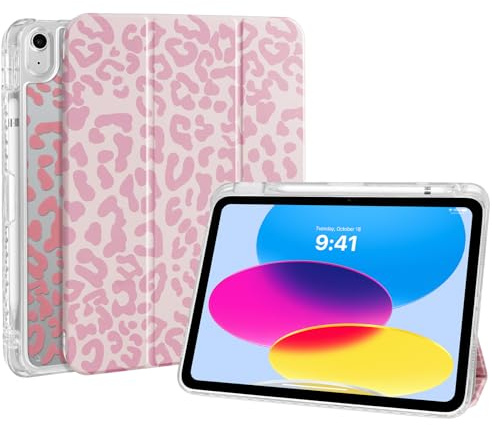 Fycyko Étui pour iPad Air 11 Pouces M4/M3/M2 (2026/2025/2024), iPad Air 5e/4e Génération(2022/2020),Transparent Clair au Dos Coque et Support Trifold,Cute Motif Rose Léopard