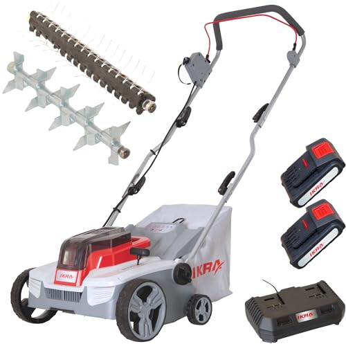 IKRA scarificatore arieggiatore a batteria 3in1 IAVL 2-2032, larghezza 32cm | Inclusi 2 batterie 20V 2,0Ah e caricatore rapido, cesto 30 l, +3/-9 mm, cambio rullo senza attrezzi, IKRA 20V
