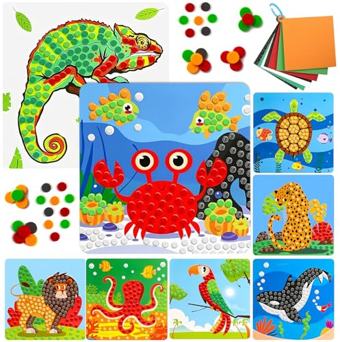 Dubydu Mosaik Bastelset Kinder ab 3 Jahre, 8er Set Tier & Ozean Motive, Mosaik Sticker Set, Schaumstoff DIY Bastelset Kinder, Reisespielzeug Kreativset für Jungen Mädchen