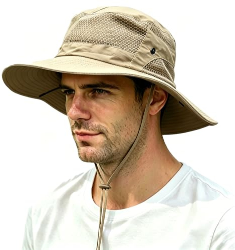 Sombrero Sol Hombre Pescador Anti-UV UPF 50+ ala Ancha Impermeable Plegable | Sombrero Pescador Sol Hombre Malla Transpirable, Plegable Impermeable Ajustable, Ideal para playa, pesca y senderismo