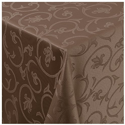 Tischdecke Damast Stoff Barock Tulpen Tischtuch Bügelarm rund 220 cm in Braun mit umgenähtem Rand Premium Qualität