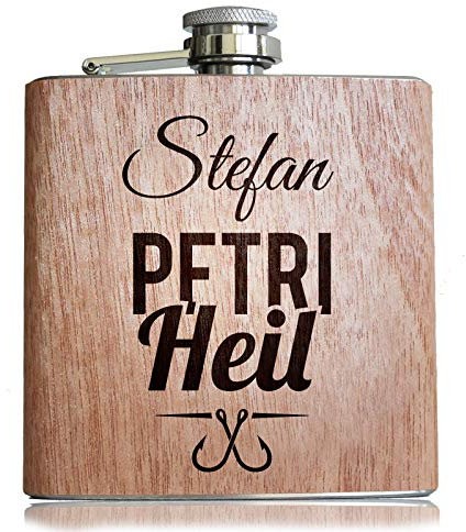 Pixelstudio Angler Holz Flachmann Petri Heil mit persönlicher Namens Gravur Geschenk zum Angeln