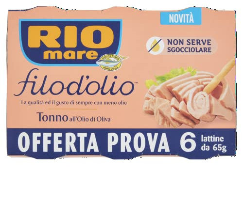 Rio Mare - Tonno Filo d'Olio, Qualità Pinne Gialle, con Meno Olio di Oliva, Certificato MSC, 6 Lattine da 65 gr