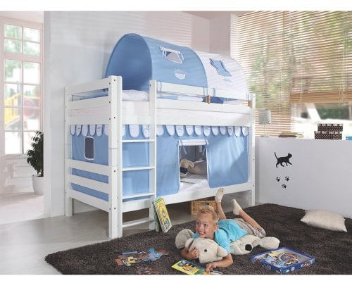 Relita Etagenbett Bea, Buche massiv, weiß lackiert mit Stoffset blau-weiß