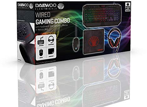 Daewoo Complete 4-IN-1 Gaming PC Set with Wired USB Plug Light Up Mouse & Keyboard, 40MM Speaker Headset with 20KHZ Mic, Cord Length 1.8M, Rubber and Cloth Desktop Mat,Black/Red,AVS1436