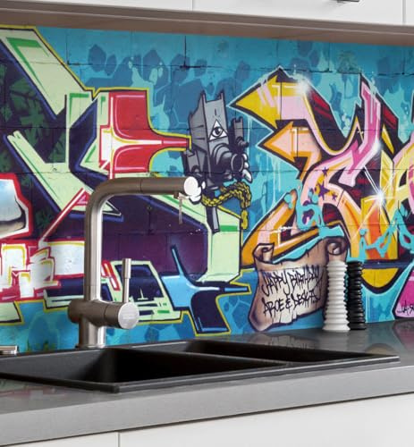 MyMaxxi Küchenrückwand selbstklebend – Matte, 0,4 mm Premium Spritzschutz Folie als günstige Alternative zu Glas, einfache Montage & leichte Reinigung – Motiv: Graffiti Schrift B 80 cm x H 60 cm