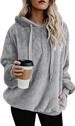 Hoodie Damen Oversize Fleecejacke Teddy Pullover Teddyjacke Pulli Teddy Fleece Sweatshirt Kapuzenpullover Kapuzenpulli Warm Langarm Lose Winter Tops Oberteile Casual mit Tasche (Hellgrau, M)