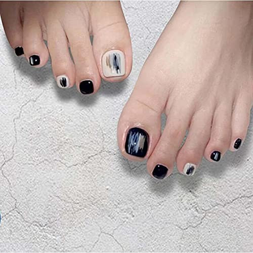 Yheakne Coffin Press on Toenails Glossy Black White Stripe Fake Toe Nails Fashion Ballerina Clip on Nails Full Cover Acrylic Toenails Artificial for Women and Girls 24Pcs (Black and white)