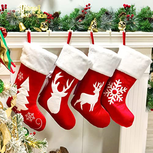 Hopearl 48 cm roter Samt-Weihnachtsstrümpfe, 4 Stück, Weihnachtsstrumpf, Rentier, Schneeflocke, rustikale Sockenhalter, Ornament, luxuriöse Geschenktüten für Familien, Weihnachtsbaum, Partyzubehör