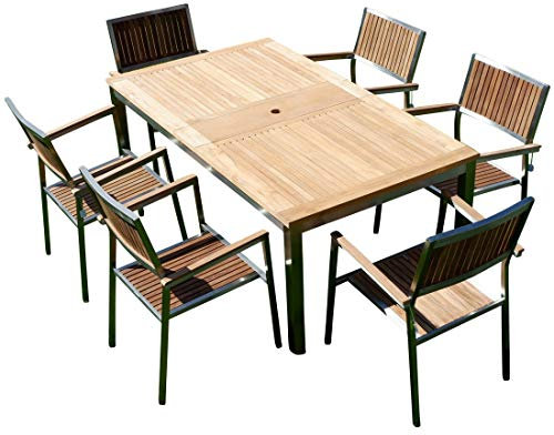 ALEOS. Gartengarnitur Edelstahl Teak Set: Ausziehtisch 160/220 x 90 cm + 6 Teak Sessel A-Grade Teak Holz Serie Kuba Gastroqualität