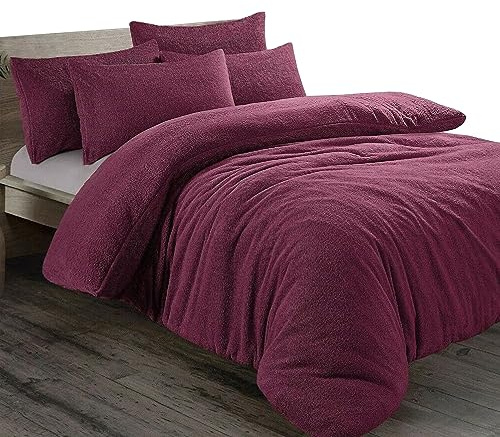 Pinkfairy® Plain Teddy Fleece Duvet Cover Quilt Bedding Set With Pillow Cases, Warm Cozy Super Soft Fluffy Luxury Design Bedset Reversible Easy Care (Super King, Aubergine)