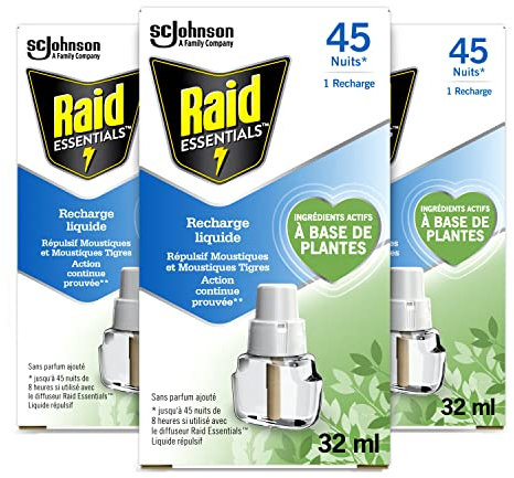 Raid Essentials Recharges pour Diffuseurs Electriques Liquides - Répulsifs Moustiques & Moustiques Tigres - 3 Recharges 45 Nuits