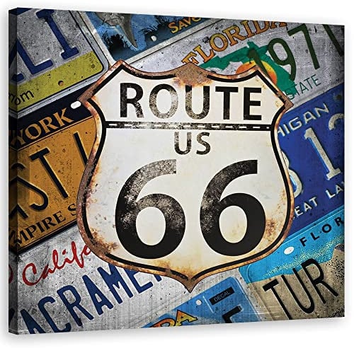 Feeby Leinwandbild XXL Route 66 Nummernschilder USA 80x80 cm Wandbild Kunst Typografie Abstraktion Collage mehrfarbig