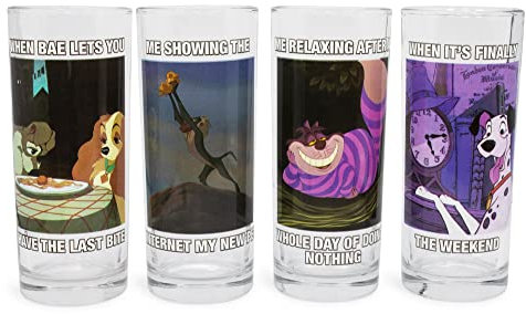 Silver Buffalo Disney Meme - Juego de vasos de 4 piezas con el Rey León, Alicia en el país de las maravillas, la dama y el vagabundo y 101 dálmatas, 10 onzas