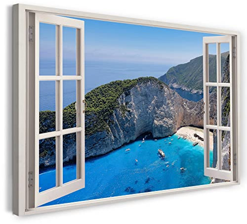 Printistico Bilder Fensterblick 100x70cm Baumwoll-Leinwand auf Keilrahmen mit Aufhänger moderner Kunstdruck XXL Wandbilder Wand-Dekoration Bucht Meer Berge Klippen Hellblau - Natur-Fotografie