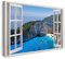 Printistico Bilder Fensterblick 100x70cm Baumwoll-Leinwand auf Keilrahmen mit Aufhänger moderner Kunstdruck XXL Wandbilder Wand-Dekoration Bucht Meer Berge Klippen Hellblau - Natur-Fotografie
