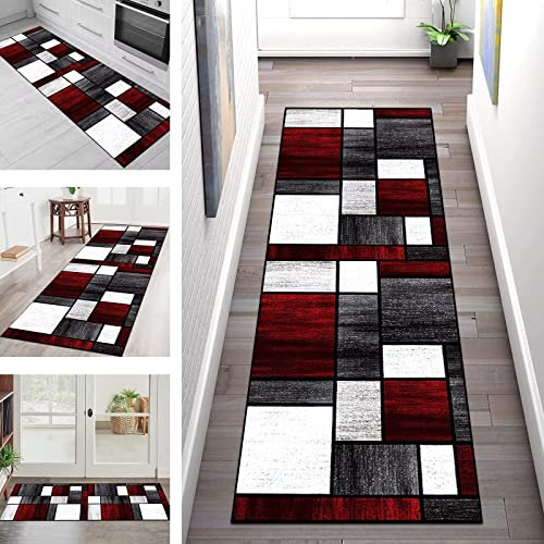 Teppich Flur Läufer Grau Weiß Rot Küche Teppichmatte Korridor Teppichläufer 90X500CM Küchenläufer Rutschfest Waschbar, Polyester Tepiche für Wohnzimmer Schlafzimmer Esszimmer Küchenteppich Meterware