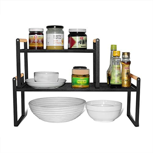 Thrarise 2er-Set Küchenregal, Gewürzregale, Eisen und Holzgriff, geeignet für Zuhause,Küche und küchenschrank organizer, regaleinsatz,Schwarz(35 x 21 x 20)+(53 x 21 x 20)